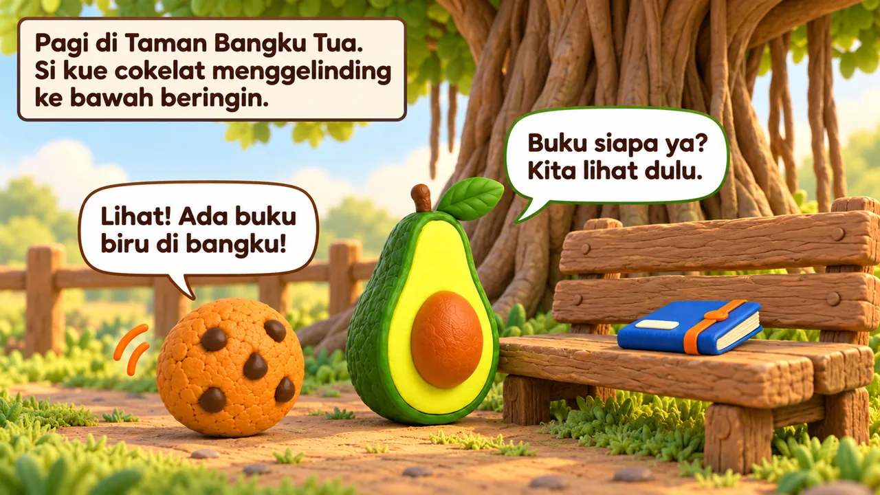 Frame 1 level 1: Pagi di Taman Bangku Tua. Si kue cokelat menggelinding ke bawah beringin. Lihat! Ada buku biru di bangku! Buku siapa ya? Kita lihat dulu.