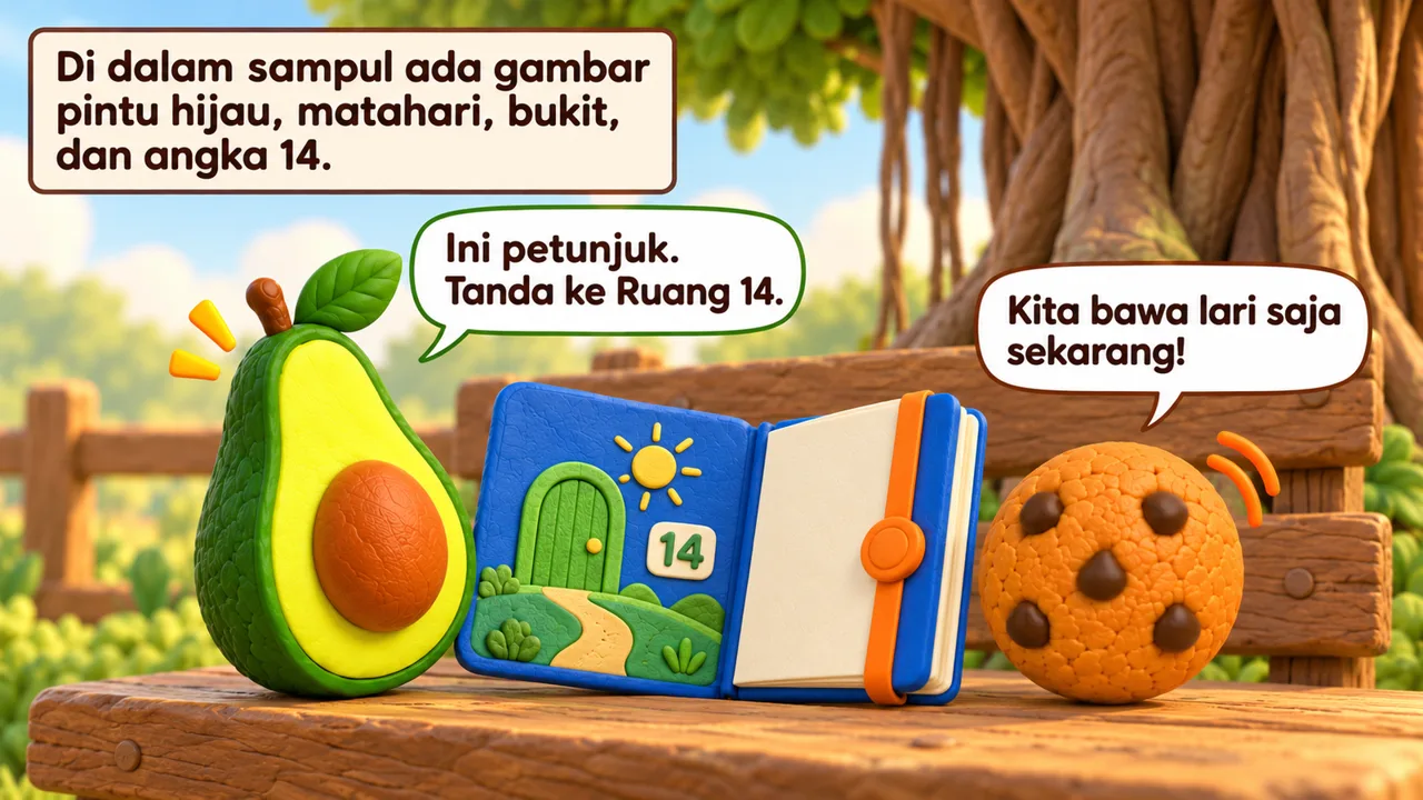 Frame 2 level 1: Di dalam sampul ada gambar pintu hijau, matahari, bukit, dan angka 14. Ini petunjuk. Tanda ke Ruang 14. Kita bawa lari saja sekarang!