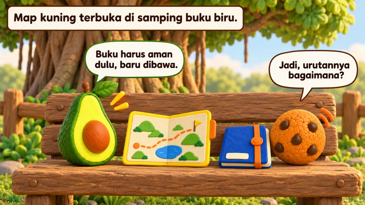 Frame 3 level 1: Map kuning terbuka di samping buku biru. Buku harus aman dulu, baru dibawa. Jadi, urutannya bagaimana?