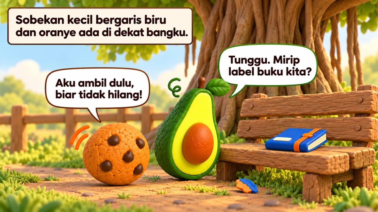 Frame 1 level 2: Sobekan kecil bergaris biru dan oranye ada di dekat bangku. Aku ambil dulu, biar tidak hilang! Tunggu. Mirip label buku kita?