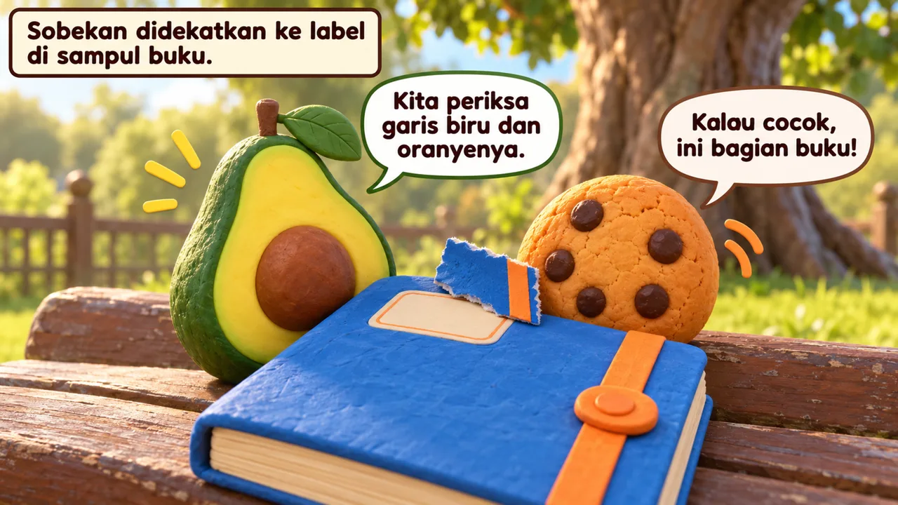 Frame 2 level 2: Sobekan didekatkan ke label di sampul buku. Kita periksa garis biru dan oranyenya. Kalau cocok, ini bagian buku!