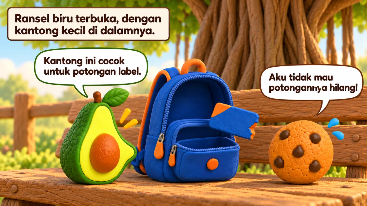 Frame 3 level 2: Ransel biru terbuka, dengan kantong kecil di dalamnya. Kantong ini cocok untuk potongan label. Aku tidak mau potongannya hilang!