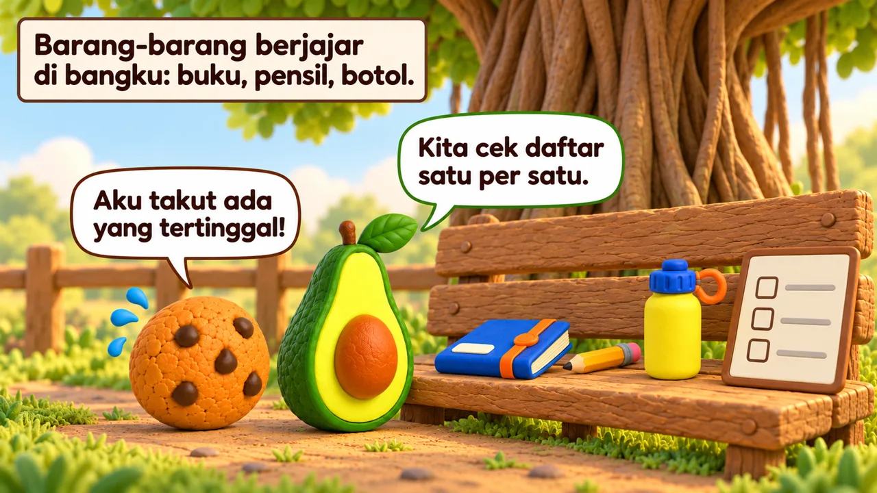 Frame 1 level 3: Barang-barang berjajar di bangku: buku, pensil, botol. Kita cek daftar satu per satu. Aku takut ada yang tertinggal!