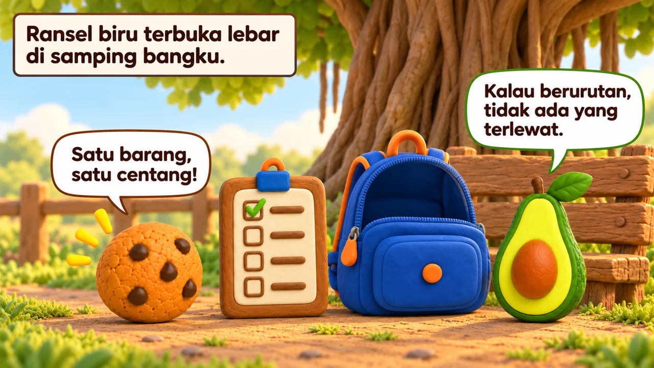 Frame 2 level 3: Ransel biru terbuka lebar di samping bangku. Kalau berurutan, tidak ada yang terlewat. Satu barang, satu centang!