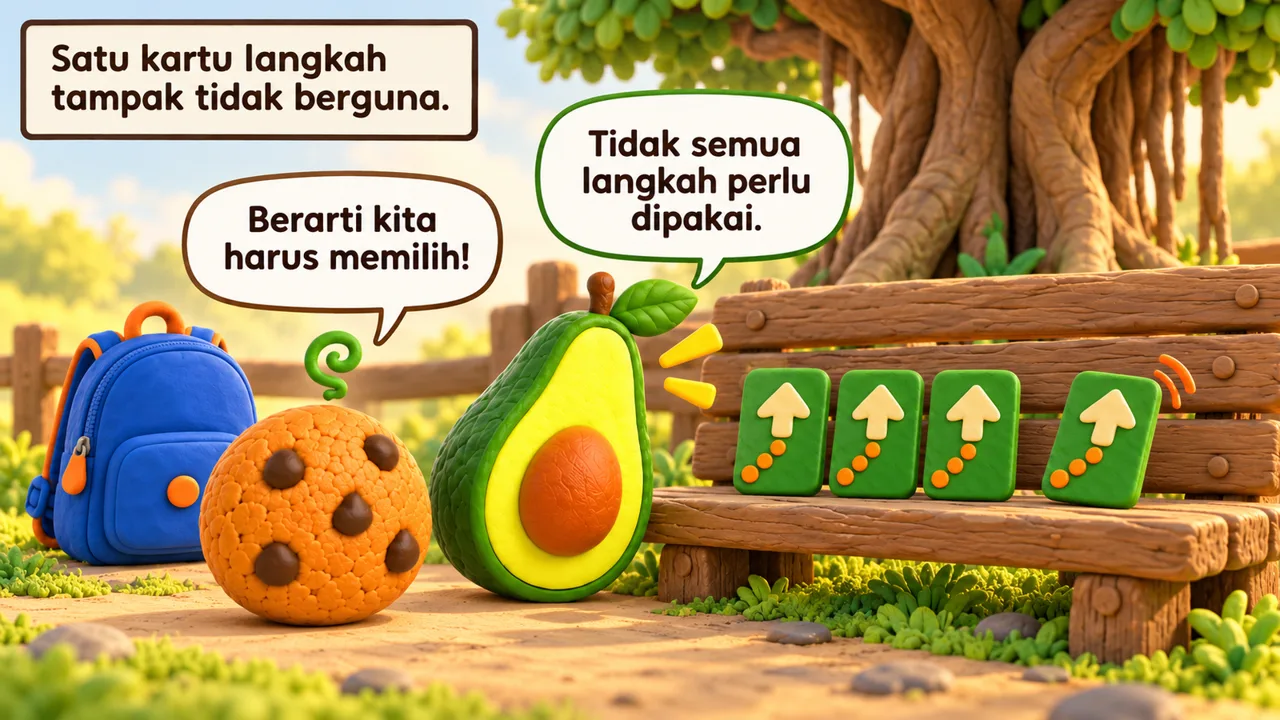 Frame 3 level 3: Satu kartu langkah tampak tidak berguna. Tidak semua langkah perlu dipakai. Berarti kita harus memilih!