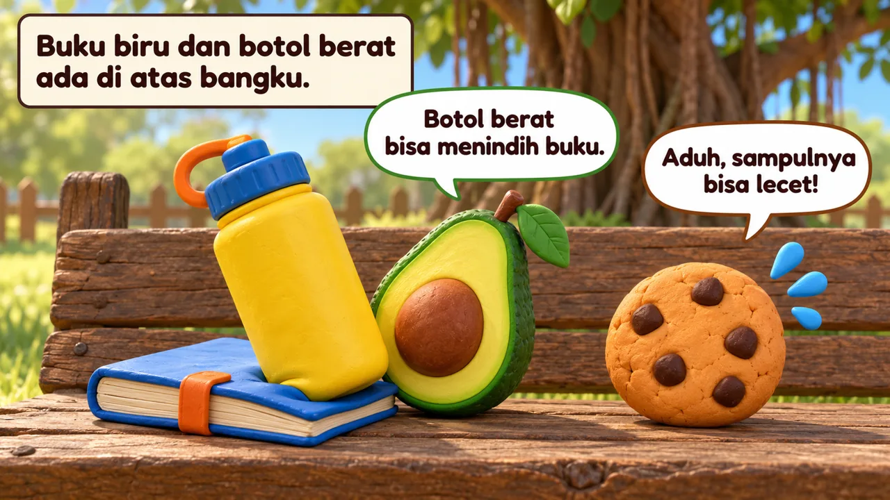 Frame 1 level 4: Buku biru dan botol berat ada di atas bangku. Botol berat bisa menindih buku. Aduh, sampulnya bisa lecet!
