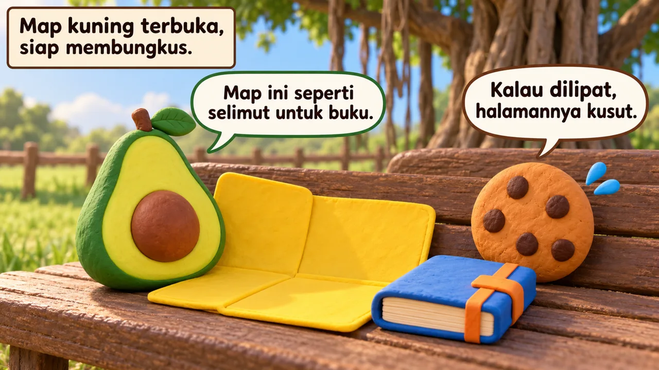 Frame 2 level 4: Map kuning terbuka, siap membungkus. Map ini seperti selimut untuk buku. Kalau dilipat, halamannya kusut.