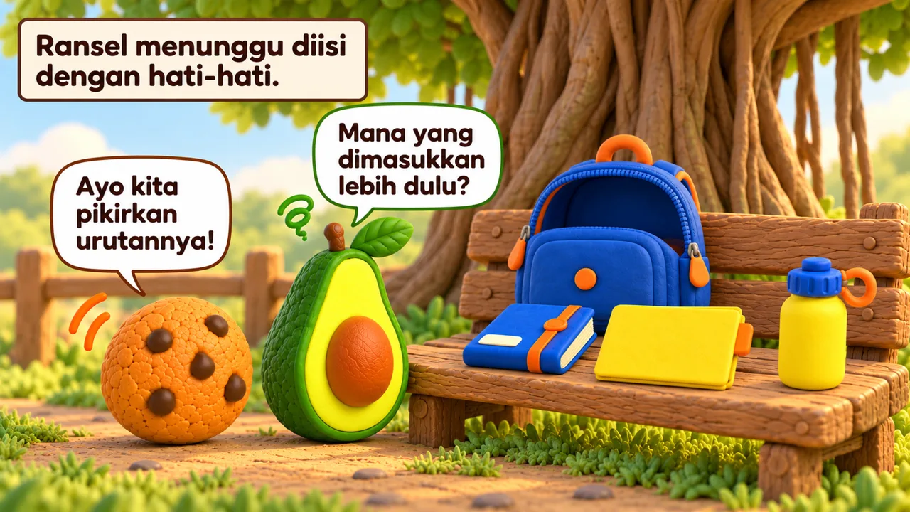 Frame 3 level 4: Ransel menunggu diisi dengan hati-hati. Mana yang dimasukkan lebih dulu? Ayo kita pikirkan urutannya!