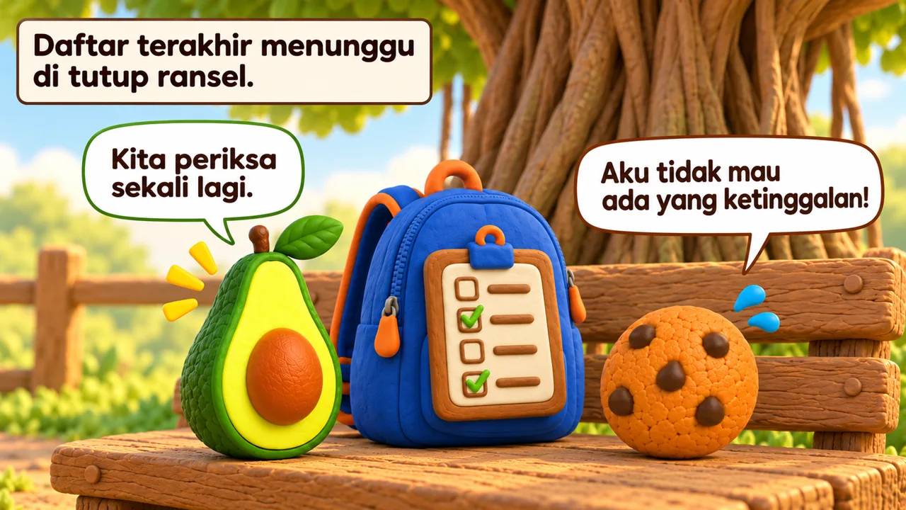 Frame 1 level 5: Daftar terakhir menunggu di tutup ransel. Kita periksa sekali lagi. Aku tidak mau ada yang ketinggalan!