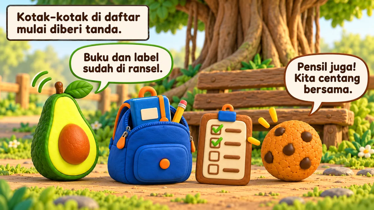 Frame 2 level 5: Kotak-kotak di daftar mulai diberi tanda. Buku dan label sudah di ransel. Pensil juga! Kita centang bersama.
