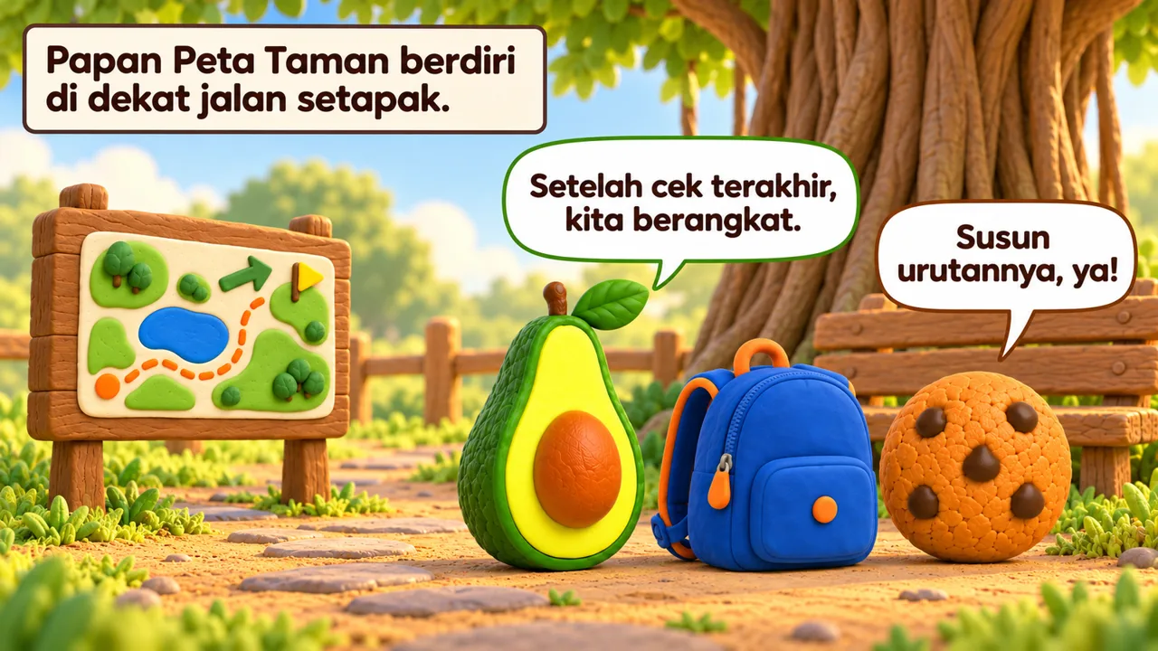 Frame 3 level 5: Papan Peta Taman berdiri di dekat jalan setapak. Setelah cek terakhir, kita berangkat. Susun urutannya, ya!
