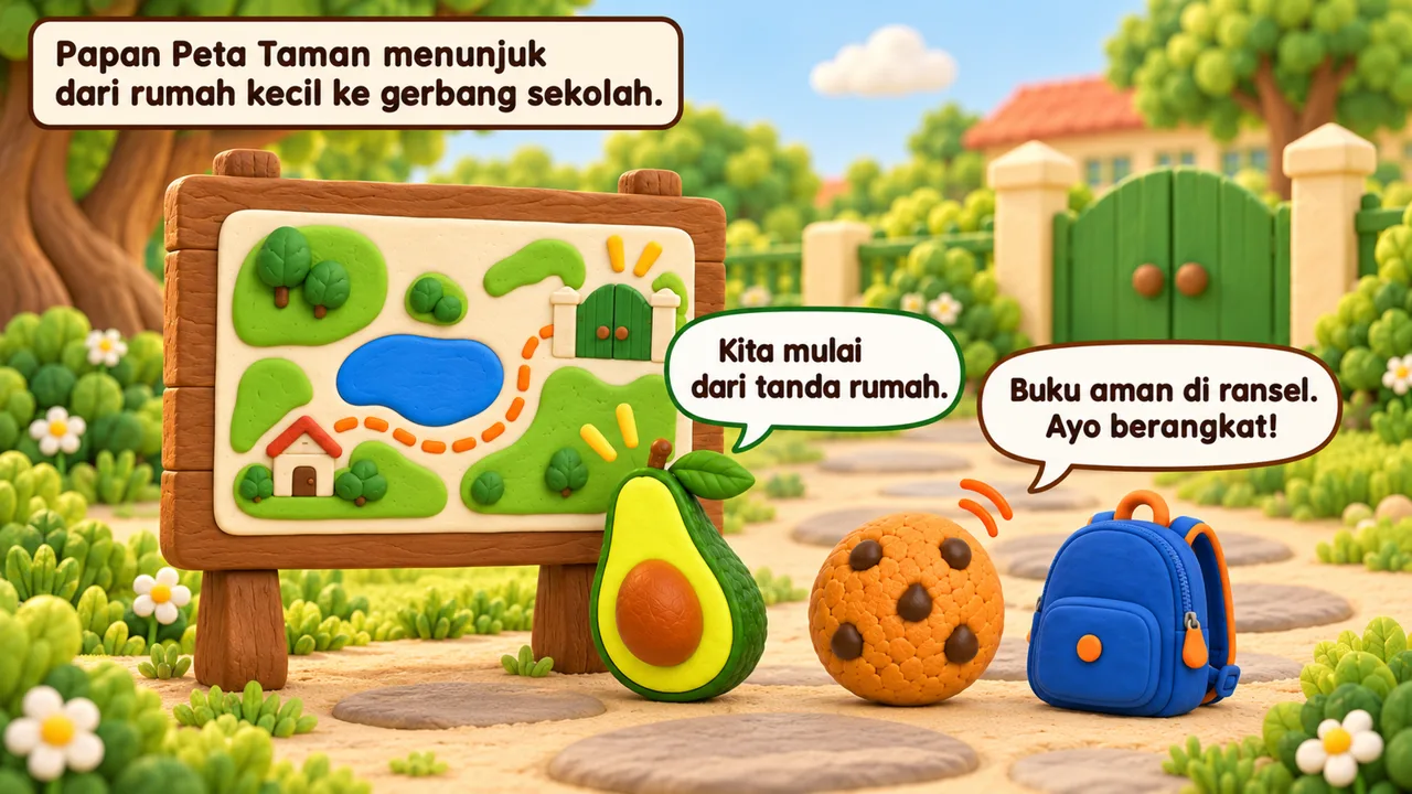 Frame 1 level 1: Papan Peta Taman menunjuk dari rumah kecil ke gerbang sekolah. Kita mulai dari tanda rumah. Buku aman di ransel. Ayo berangkat!