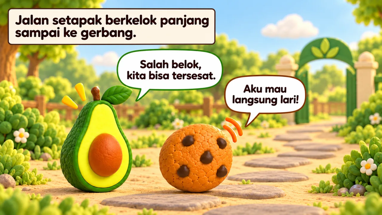 Frame 2 level 1: Jalan setapak berkelok panjang sampai ke gerbang. Aku mau langsung lari! Salah belok, kita bisa tersesat.