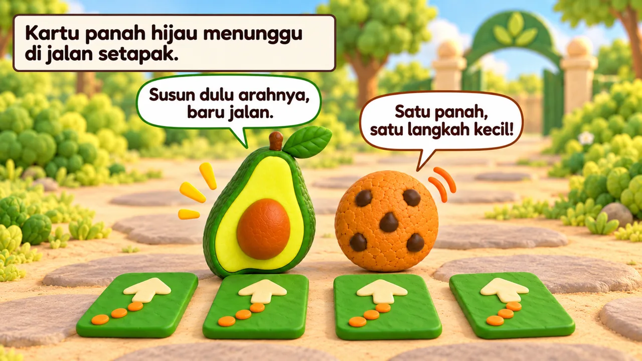 Frame 3 level 1: Kartu panah hijau menunggu di jalan setapak. Susun dulu arahnya, baru jalan. Satu panah, satu langkah kecil!