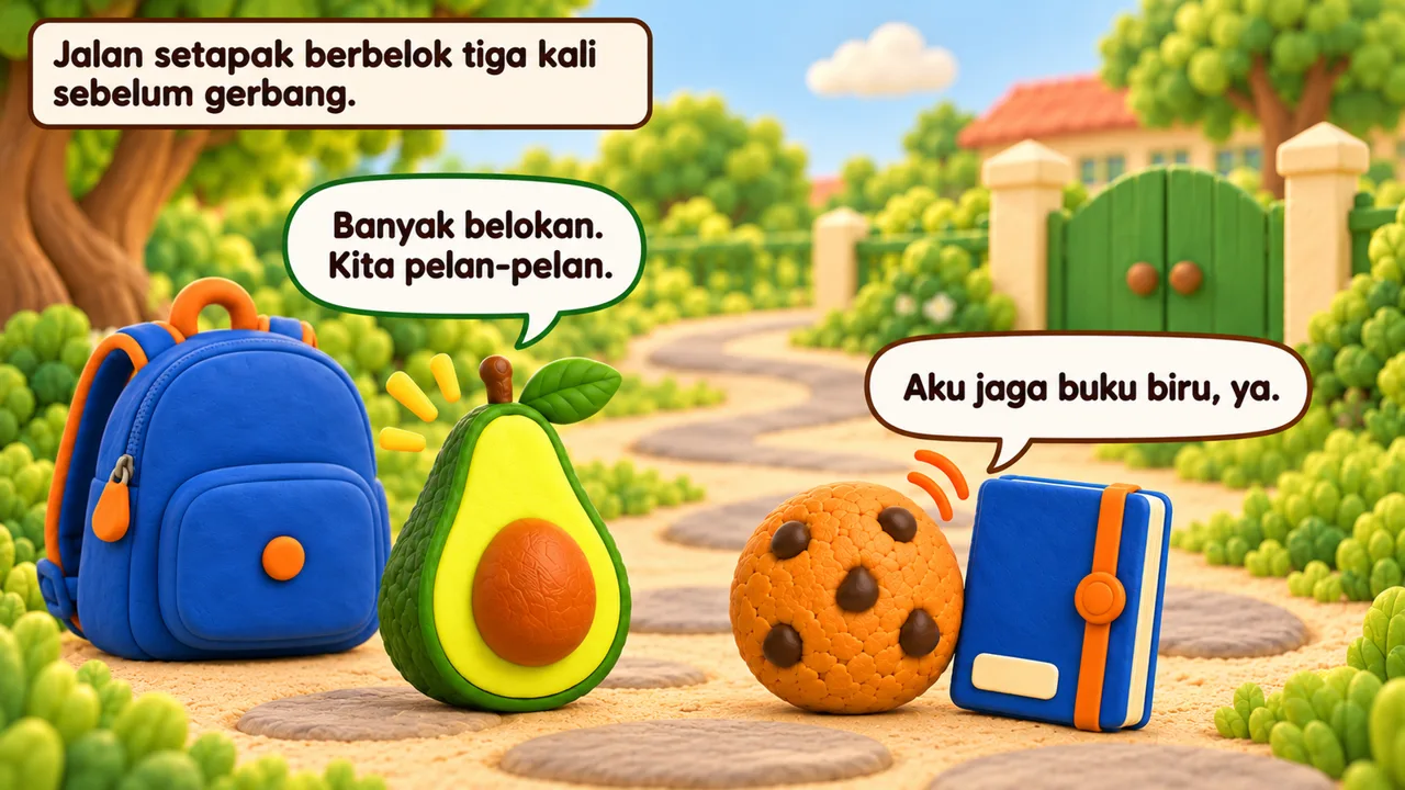 Frame 1 level 2: Jalan setapak berbelok tiga kali sebelum gerbang. Banyak belokan. Kita pelan-pelan. Aku jaga buku biru, ya.