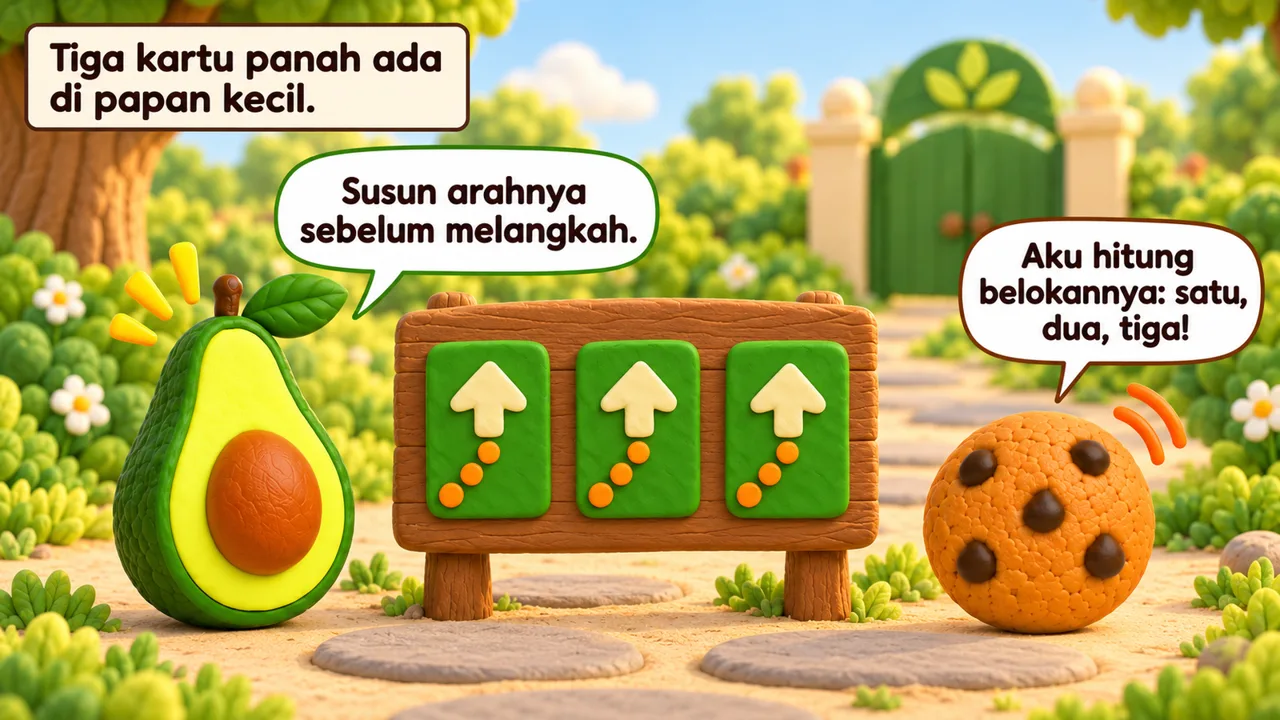 Frame 2 level 2: Tiga kartu panah ada di papan kecil. Susun arahnya sebelum melangkah. Aku hitung belokannya: satu, dua, tiga!
