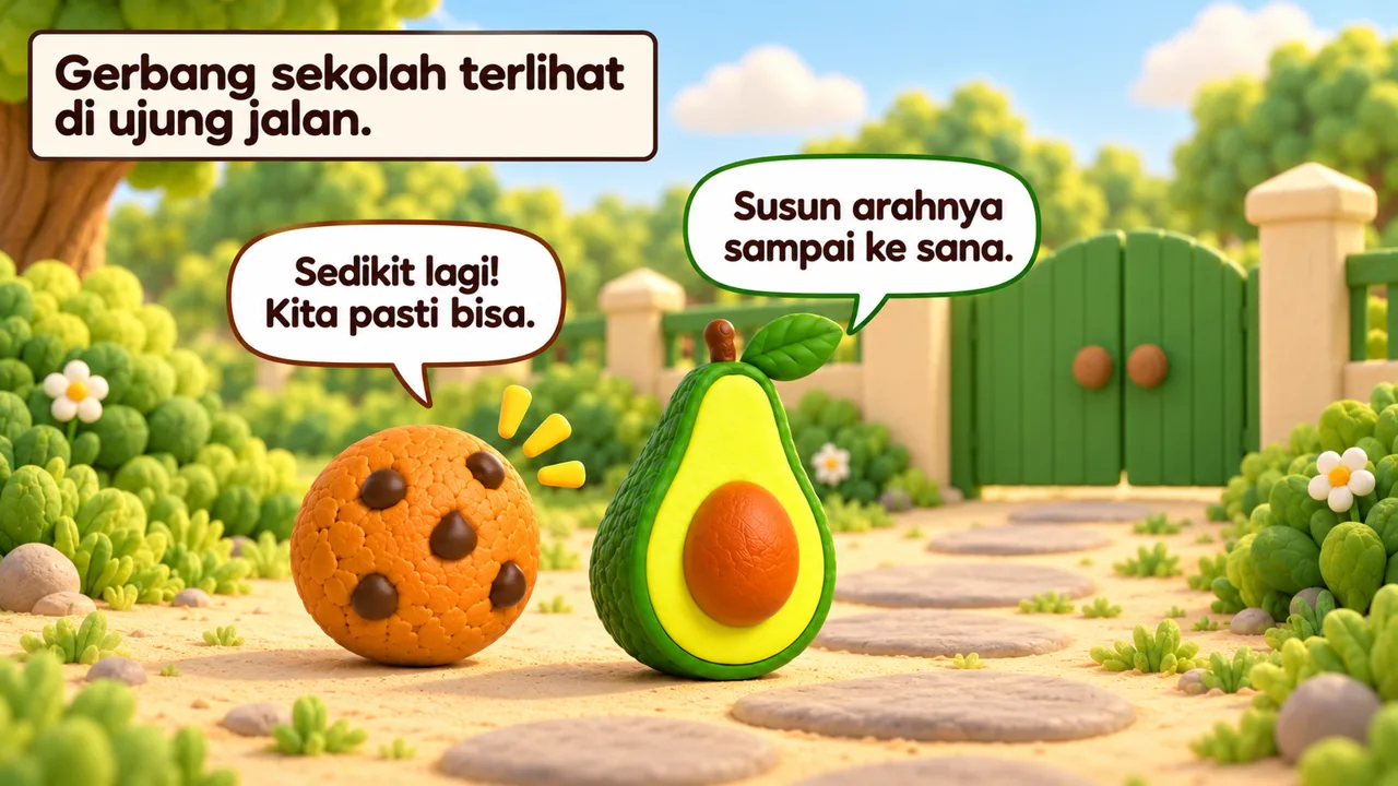 Frame 3 level 2: Gerbang sekolah terlihat di ujung jalan. Sedikit lagi! Kita pasti bisa. Susun arahnya sampai ke sana.