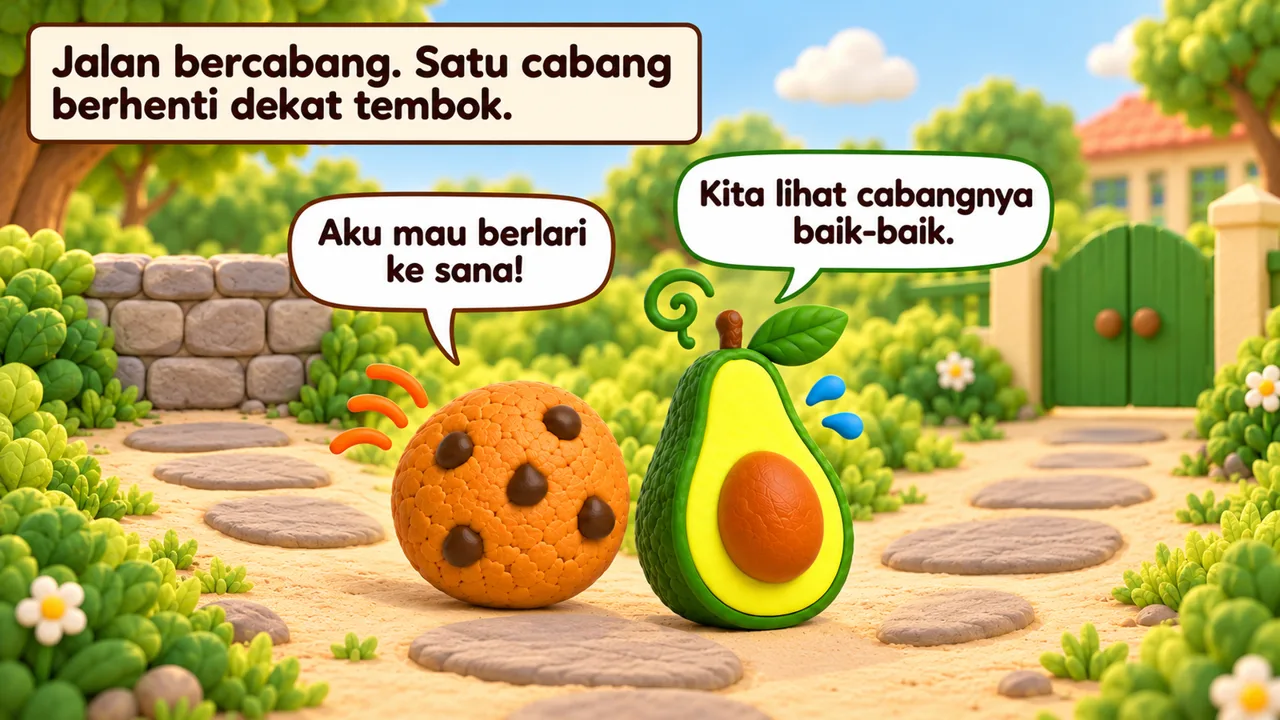 Frame 1 level 3: Jalan bercabang. Satu cabang berhenti dekat tembok. Kita lihat cabangnya baik-baik. Aku mau berlari ke sana!