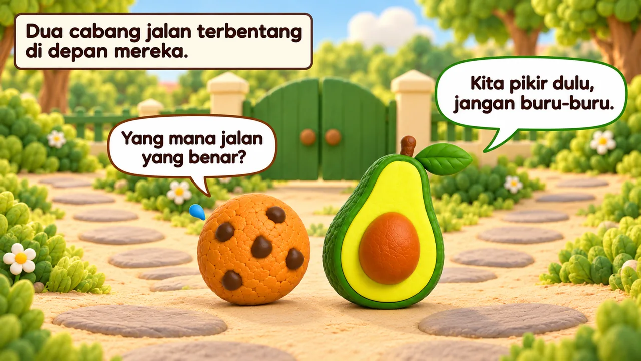 Frame 2 level 3: Dua cabang jalan terbentang di depan mereka. Yang mana jalan yang benar? Kita pikir dulu, jangan buru-buru.