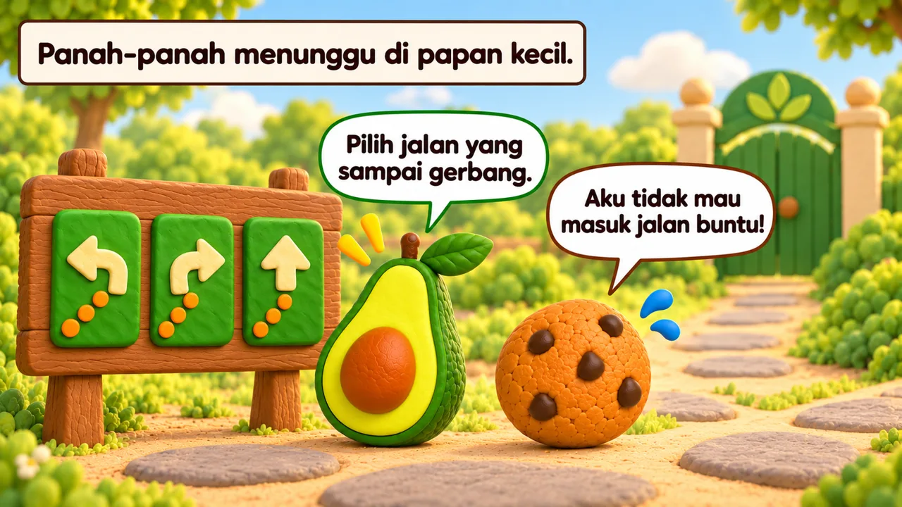 Frame 3 level 3: Panah-panah menunggu di papan kecil. Pilih jalan yang sampai gerbang. Aku tidak mau masuk jalan buntu!