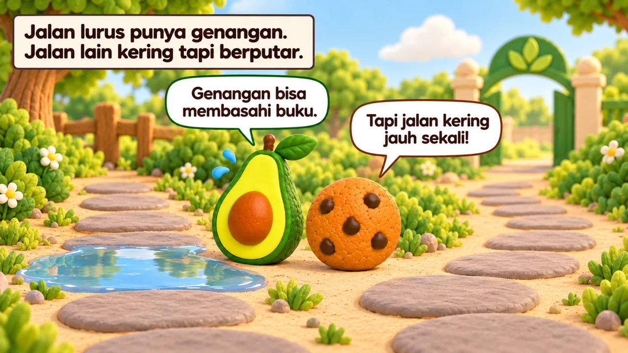 Frame 1 level 4: Jalan lurus punya genangan. Jalan lain kering tapi berputar. Genangan bisa membasahi buku. Tapi jalan kering jauh sekali!