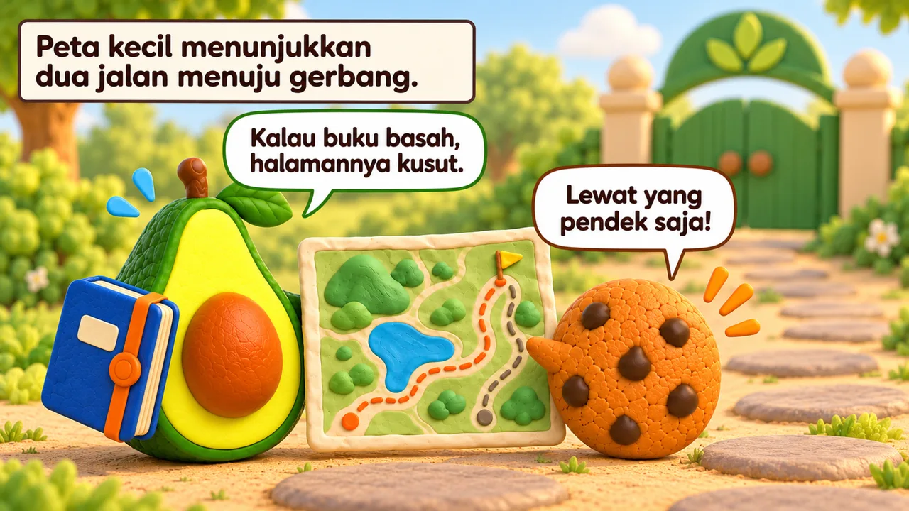 Frame 2 level 4: Peta kecil menunjukkan dua jalan menuju gerbang. Lewat yang pendek saja! Kalau buku basah, halamannya kusut.