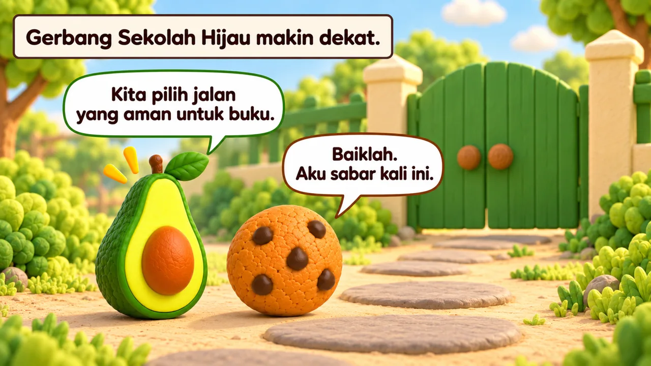 Frame 3 level 4: Gerbang Sekolah Hijau makin dekat. Kita pilih jalan yang aman untuk buku. Baiklah. Aku sabar kali ini.