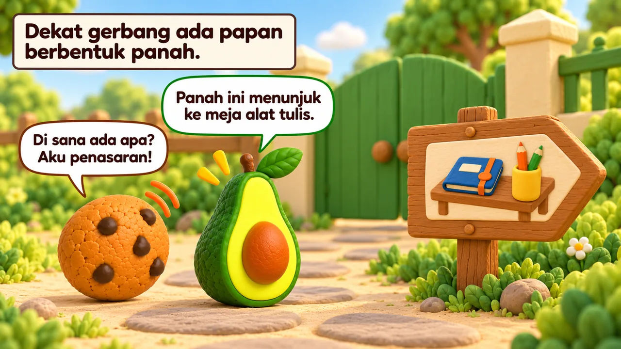 Frame 1 level 5: Dekat gerbang ada papan berbentuk panah. Panah ini menunjuk ke meja alat tulis. Di sana ada apa? Aku penasaran!