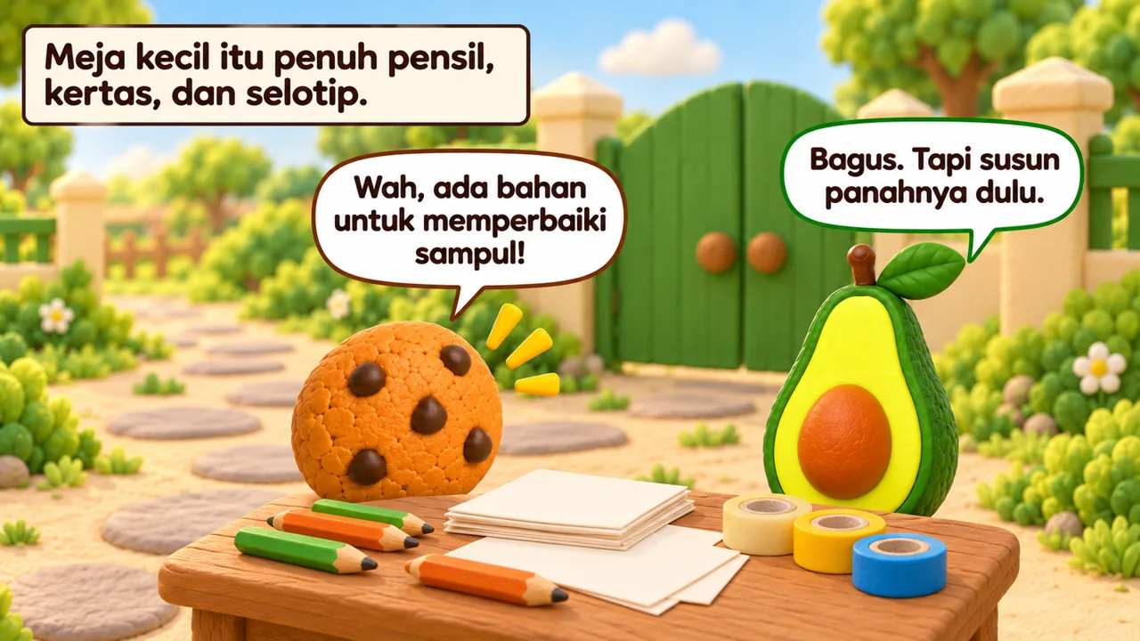 Frame 2 level 5: Meja kecil itu penuh pensil, kertas, dan selotip. Wah, ada bahan untuk memperbaiki sampul! Bagus. Tapi susun panahnya dulu.