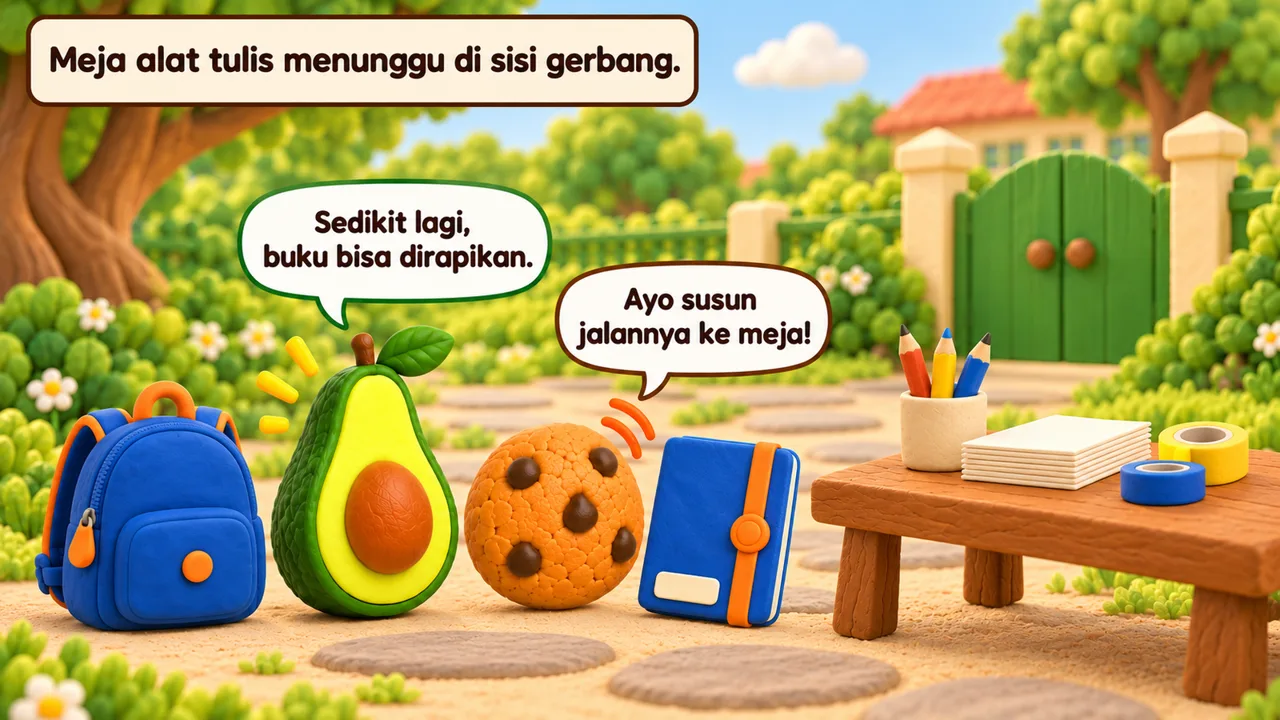 Frame 3 level 5: Meja alat tulis menunggu di sisi gerbang. Sedikit lagi, buku bisa dirapikan. Ayo susun jalannya ke meja!