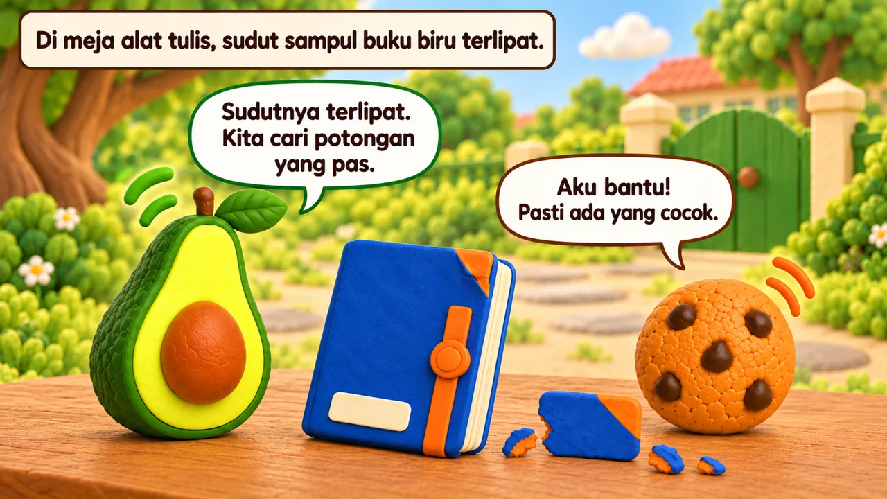 Frame 1 level 1: Di meja alat tulis, sudut sampul buku biru terlipat. Sudutnya terlipat. Kita cari potongan yang pas. Aku bantu! Pasti ada yang cocok.