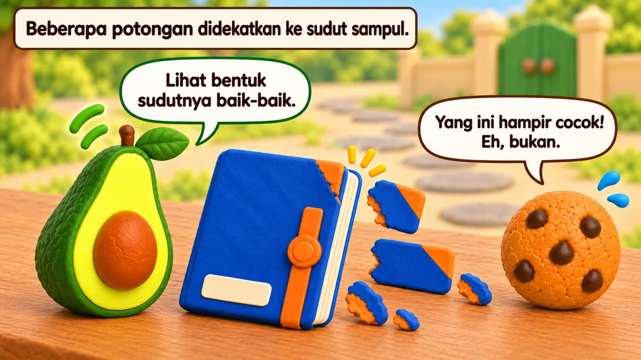 Frame 2 level 1: Beberapa potongan didekatkan ke sudut sampul. Lihat bentuk sudutnya baik-baik. Yang ini hampir cocok! Eh, bukan.