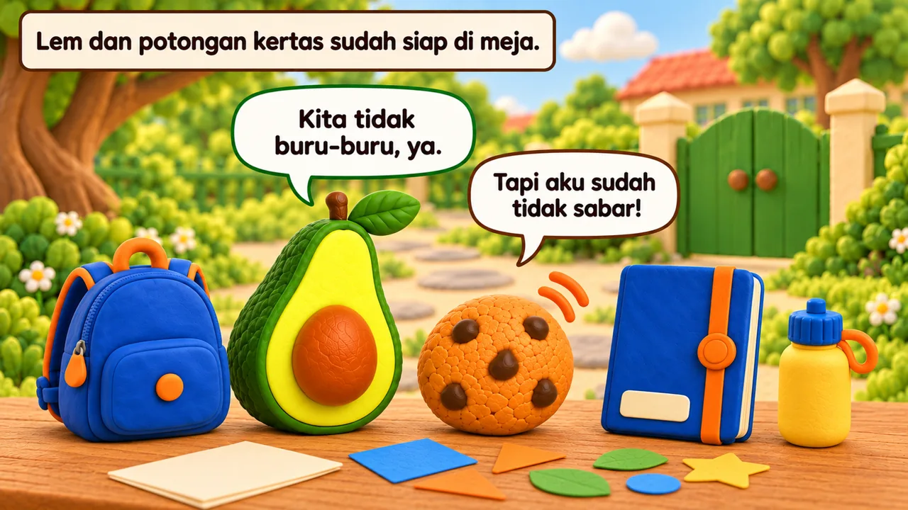 Frame 3 level 1: Lem dan potongan kertas sudah siap di meja. Kita tidak buru-buru, ya. Tapi aku sudah tidak sabar!