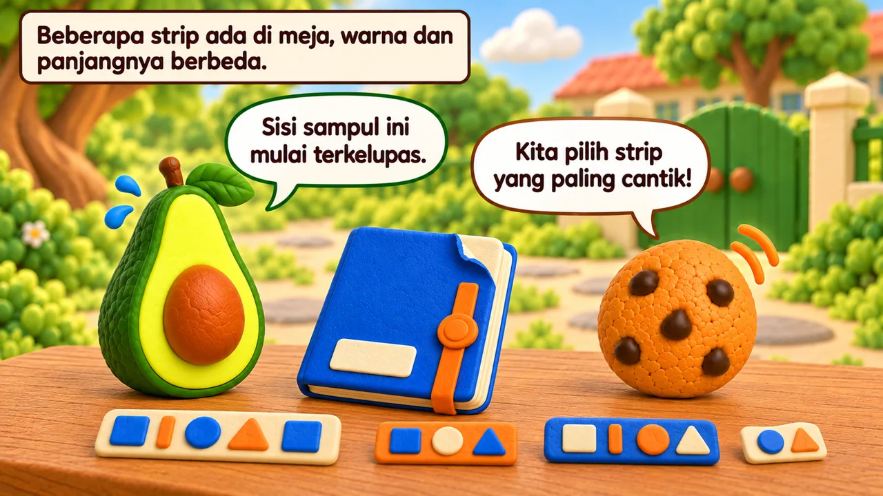 Frame 1 level 2: Beberapa strip ada di meja, warna dan panjangnya berbeda. Sisi sampul ini mulai terkelupas. Kita pilih strip yang paling cantik!