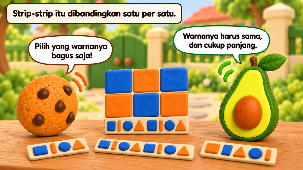 Frame 2 level 2: Strip-strip itu dibandingkan satu per satu. Pilih yang warnanya bagus saja! Warnanya harus sama, dan cukup panjang.