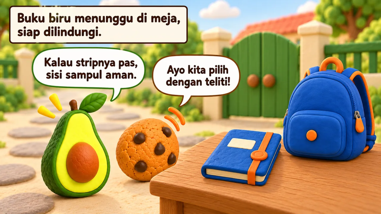 Frame 3 level 2: Buku biru menunggu di meja, siap dilindungi. Kalau stripnya pas, sisi sampul aman. Ayo kita pilih dengan teliti!