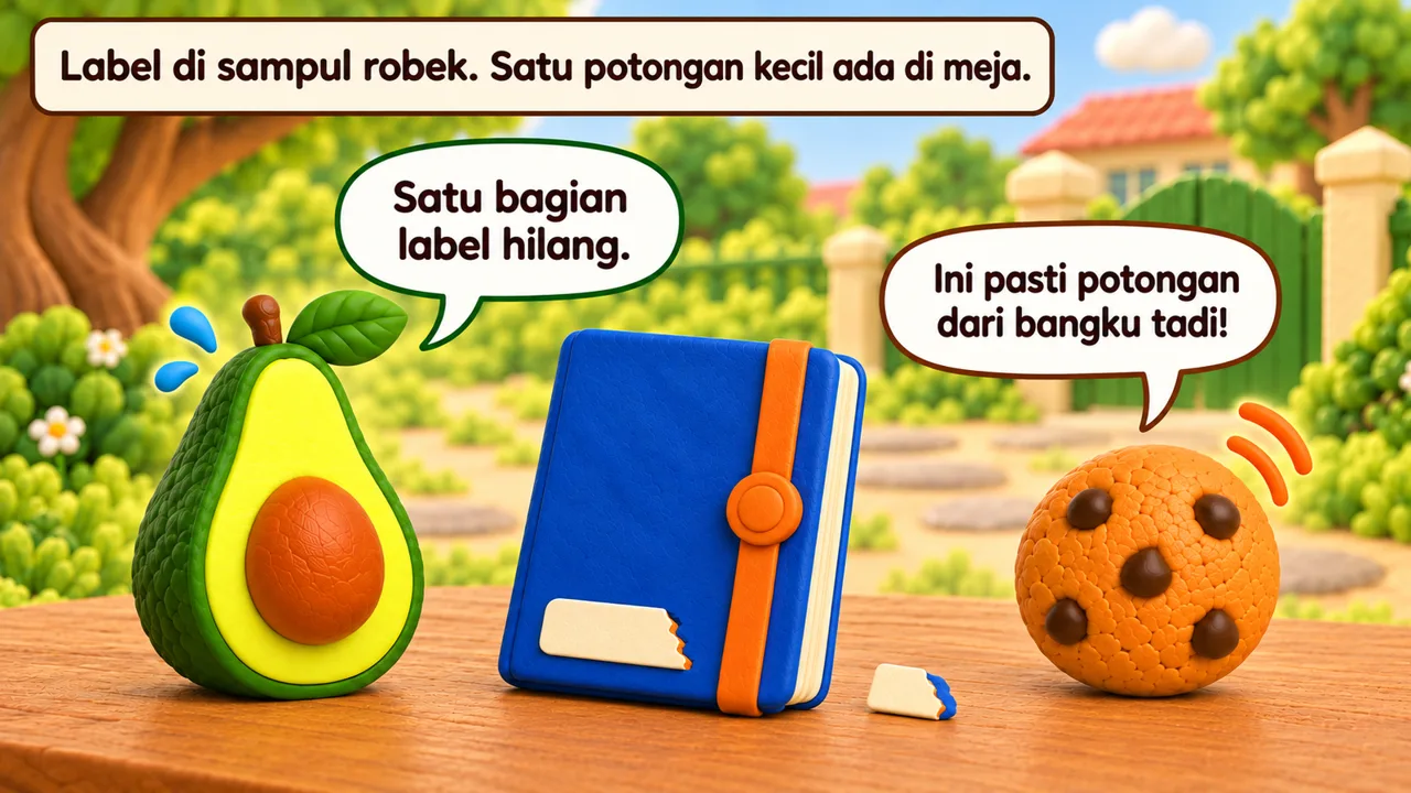 Frame 1 level 3: Label di sampul robek. Satu potongan kecil ada di meja. Satu bagian label hilang. Ini pasti potongan dari bangku tadi!