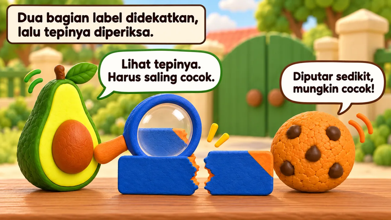 Frame 2 level 3: Dua bagian label didekatkan, lalu tepinya diperiksa. Lihat tepinya. Harus saling cocok. Diputar sedikit, mungkin cocok!