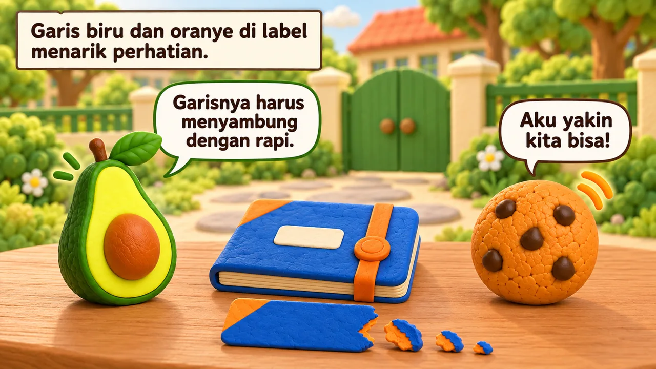 Frame 3 level 3: Garis biru dan oranye di label menarik perhatian. Garisnya harus menyambung dengan rapi. Aku yakin kita bisa!