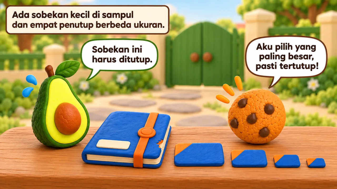 Frame 1 level 4: Ada sobekan kecil di sampul dan empat penutup berbeda ukuran. Sobekan ini harus ditutup. Aku pilih yang paling besar, pasti tertutup!