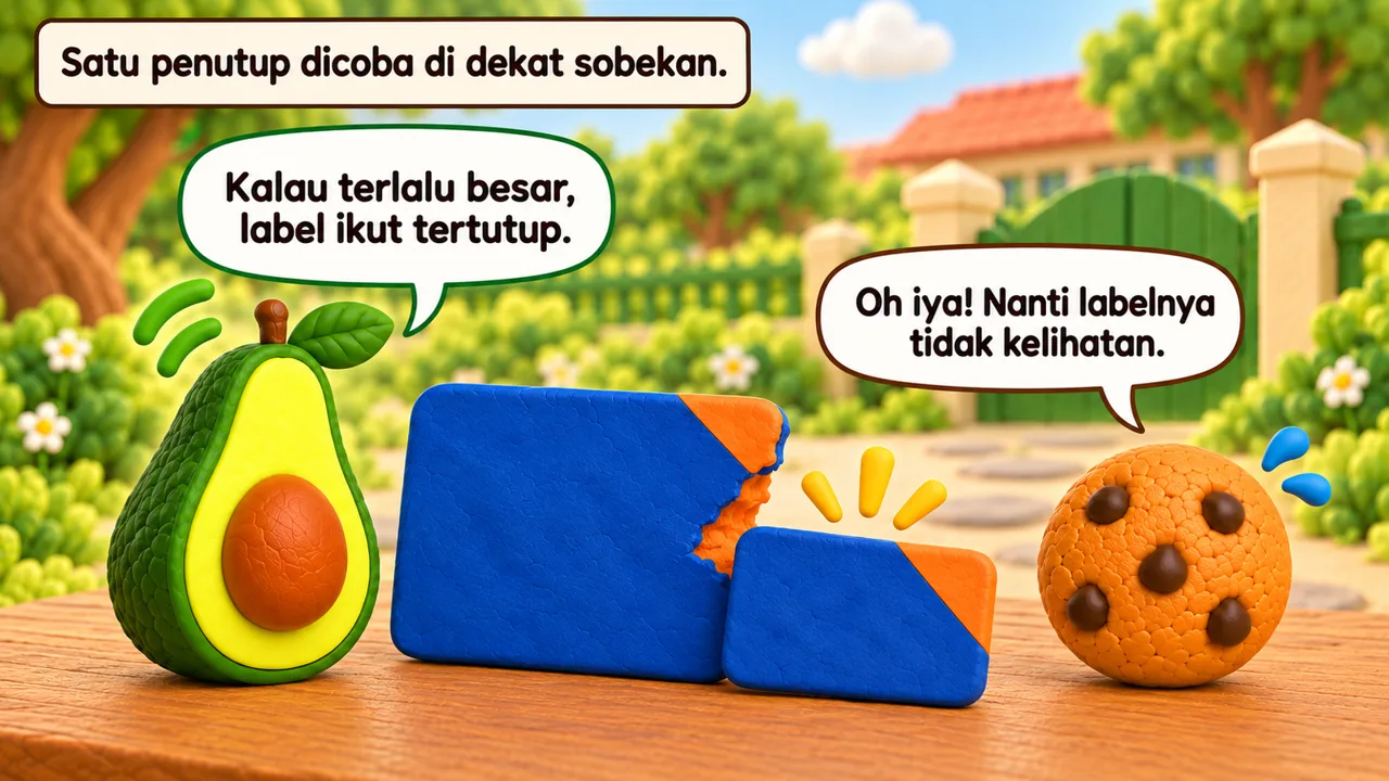 Frame 2 level 4: Satu penutup dicoba di dekat sobekan. Kalau terlalu besar, label ikut tertutup. Oh iya! Nanti labelnya tidak kelihatan.