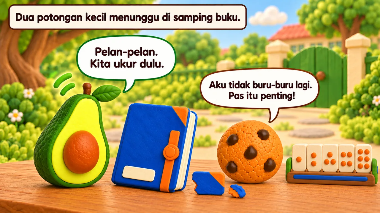 Frame 3 level 4: Dua potongan kecil menunggu di samping buku. Pelan-pelan. Kita ukur dulu. Aku tidak buru-buru lagi. Pas itu penting!