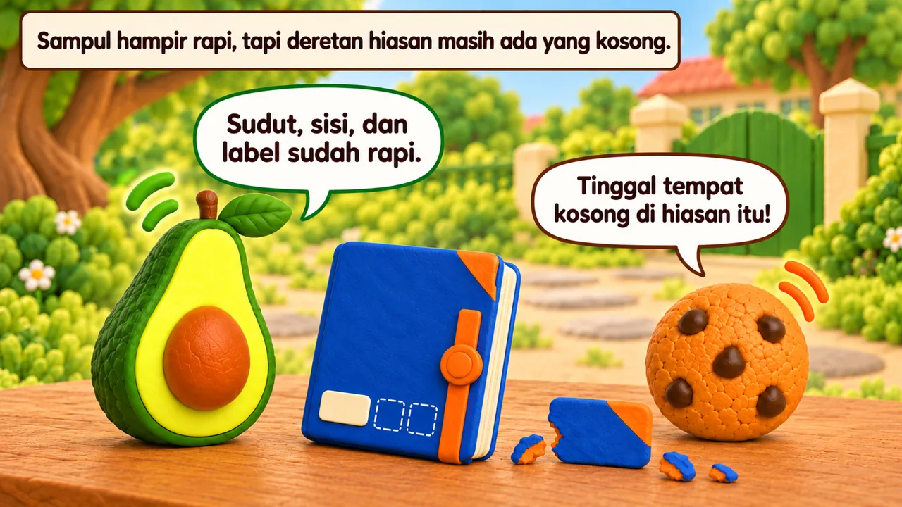 Frame 1 level 5: Sampul hampir rapi, tapi deretan hiasan masih ada yang kosong. Sudut, sisi, dan label sudah rapi. Tinggal tempat kosong di hiasan itu!