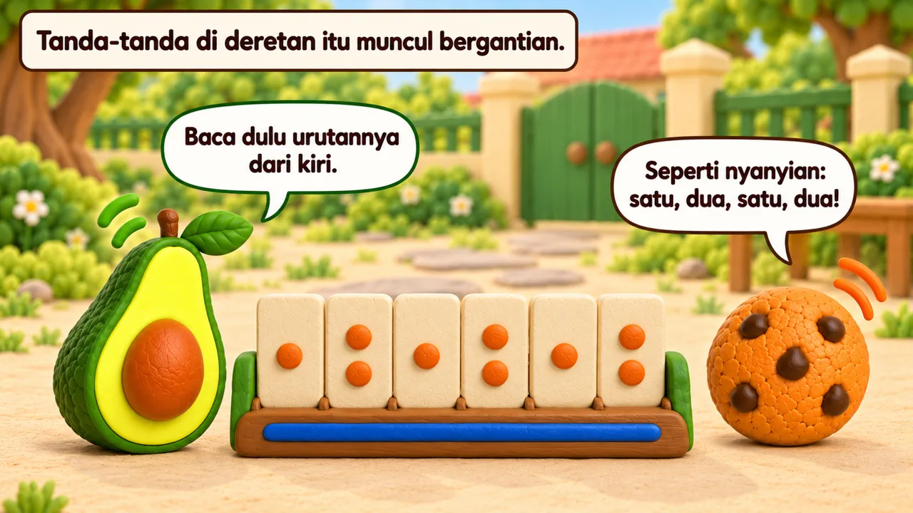 Frame 2 level 5: Tanda-tanda di deretan itu muncul bergantian. Baca dulu urutannya dari kiri. Seperti nyanyian: satu, dua, satu, dua!