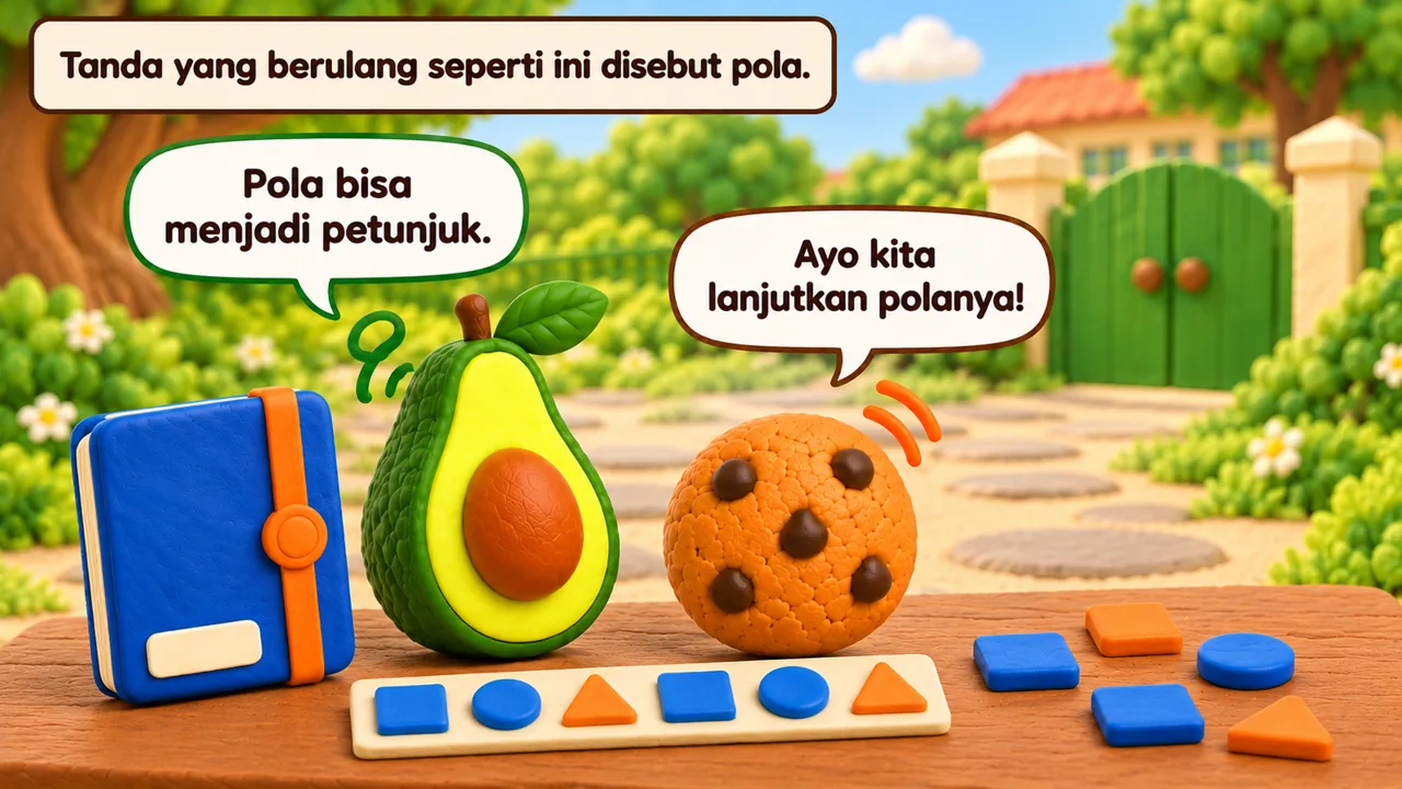 Frame 3 level 5: Tanda yang berulang seperti ini disebut pola. Pola bisa menjadi petunjuk. Ayo kita lanjutkan polanya!