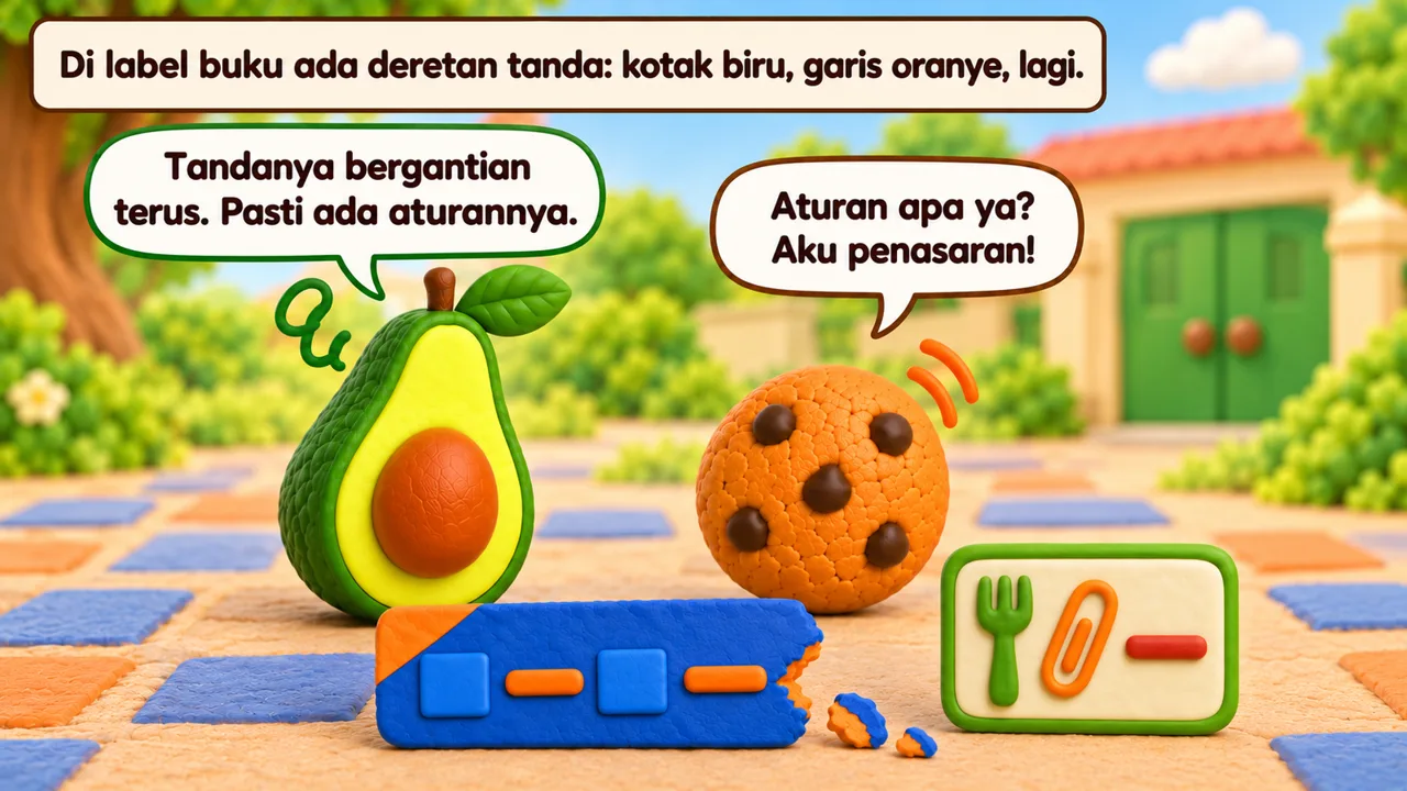 Frame 1 level 1: Di label buku ada deretan tanda: kotak biru, garis oranye, lagi. Tandanya bergantian terus. Pasti ada aturannya. Aturan apa ya? Aku penasaran!