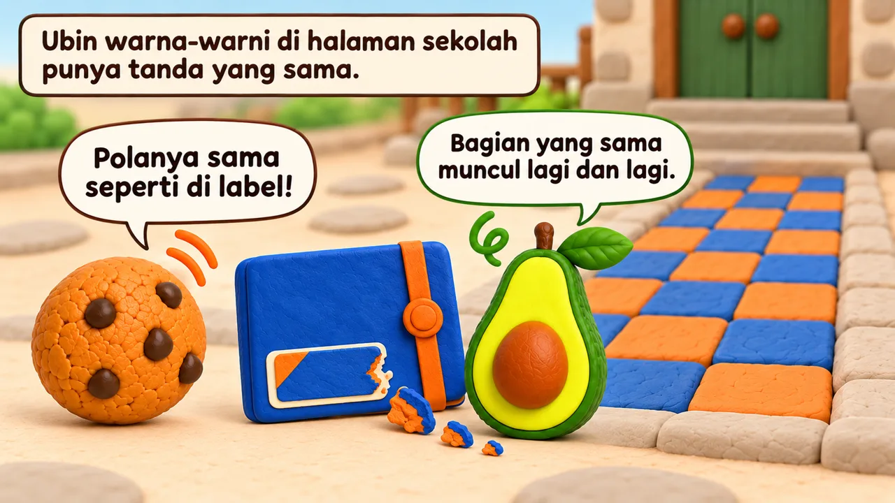 Frame 2 level 1: Ubin warna-warni di halaman sekolah punya tanda yang sama. Polanya sama seperti di label! Bagian yang sama muncul lagi dan lagi.