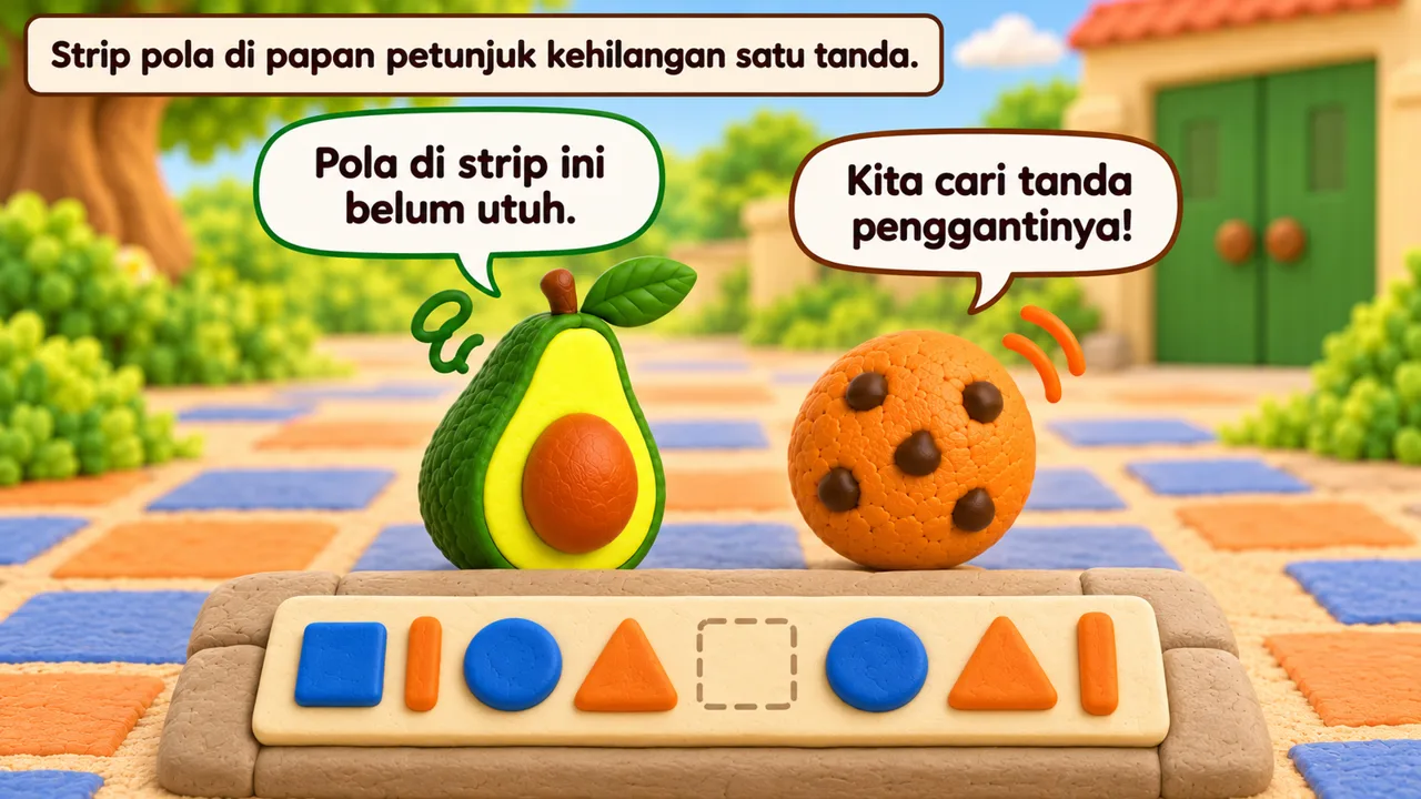 Frame 1 level 2: Strip pola di papan petunjuk kehilangan satu tanda. Pola di strip ini belum utuh. Kita cari tanda penggantinya!