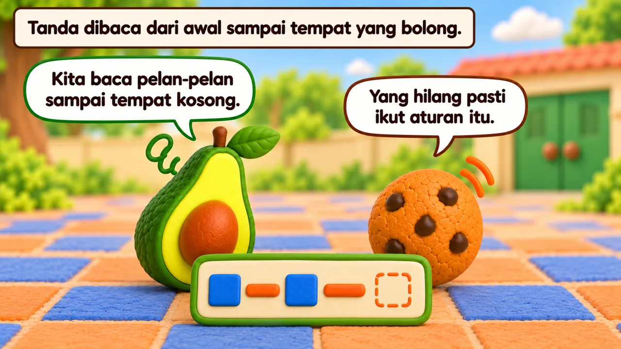 Frame 2 level 2: Tanda dibaca dari awal sampai tempat yang bolong. Kita baca pelan-pelan sampai tempat kosong. Yang hilang pasti ikut aturan itu.