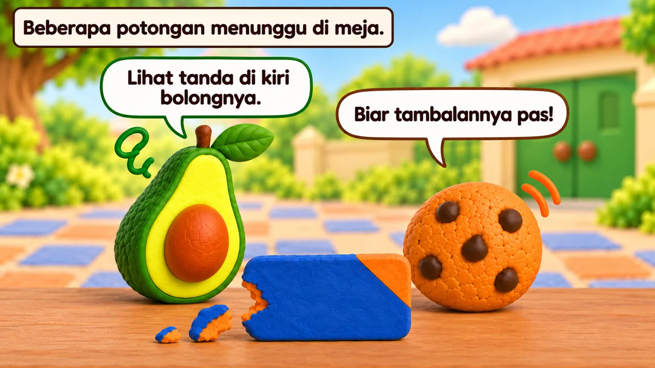 Frame 3 level 2: Beberapa potongan menunggu di meja. Lihat tanda di kiri bolongnya. Biar tambalannya pas!